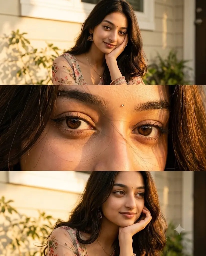 Golden Hour Glow: 3-Panel Cinematic Portrait — Gemini prompt | pineprompts.com