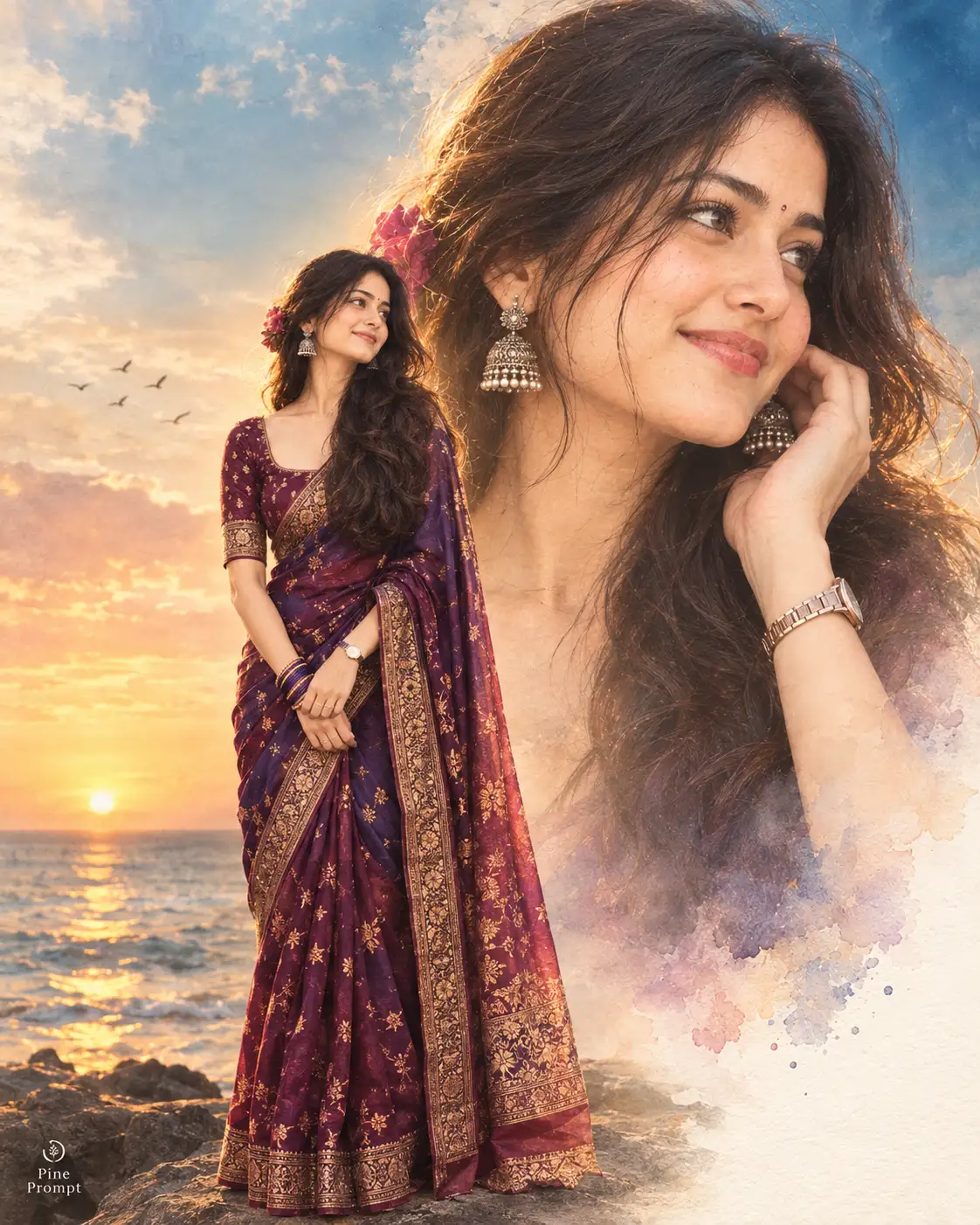 Royal Purple Saree — Cinematic Seaside Double-Exposure Portrait — ChatGPT prompt | pineprompts.com