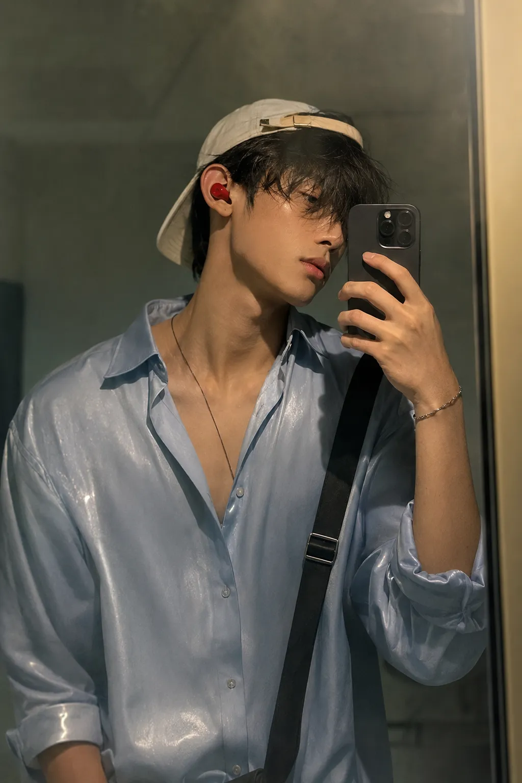 Ultra-Realistic Cinematic Korean Mirror Selfie in Satin Blue Shirt — ChatGPT prompt | pineprompts.com