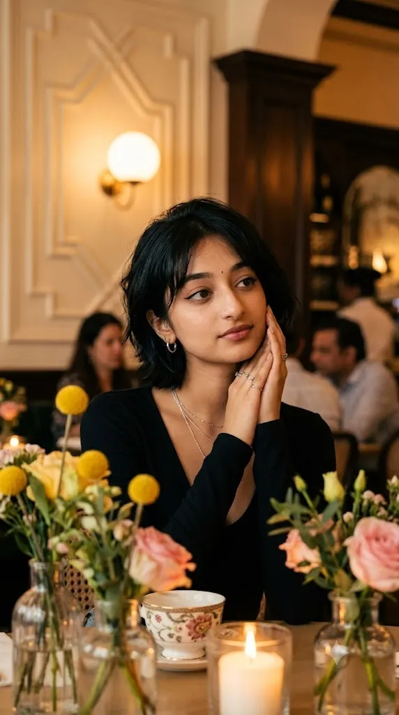 Elegant Woman at a Candlelit Restaurant Table — Gemini prompt | pineprompts.com