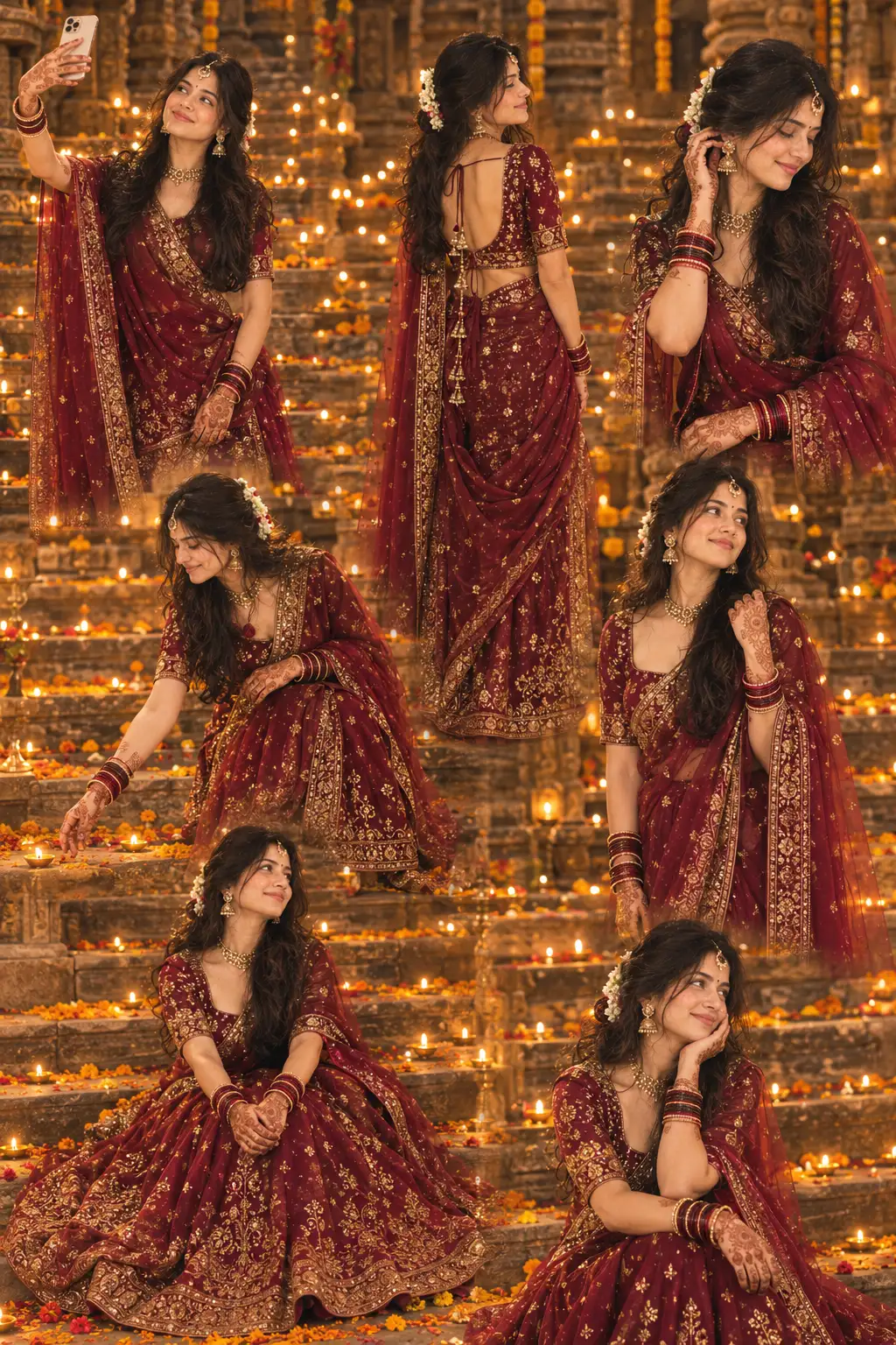 Cinematic Diwali Temple Portrait Collage – Burgundy Bridal Elegance — ChatGPT prompt | pineprompts.com