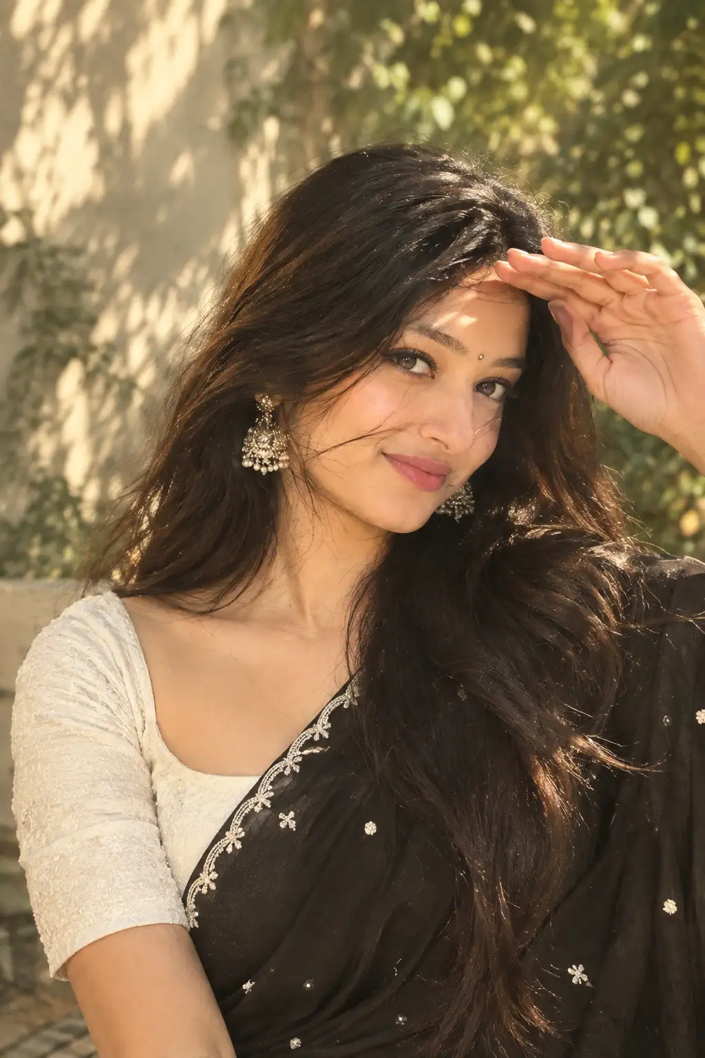 Sunlit Elegance — Black Saree Portrait — ChatGPT prompt | pineprompts.com