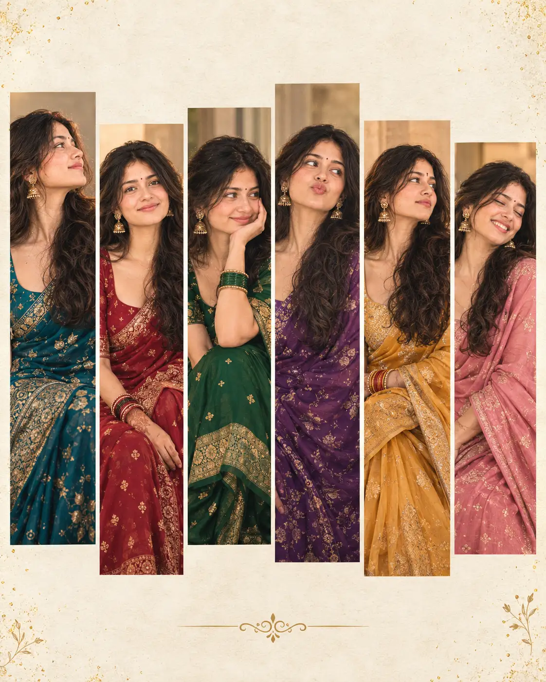 Six Elegant Indian Saree Looks – Premium Fashion Collage — ChatGPT prompt | pineprompts.com