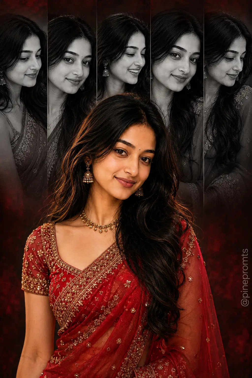 Crimson Elegance – Cinematic Saree Portrait Collage — ChatGPT prompt | pineprompts.com