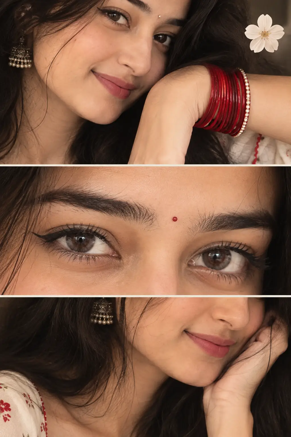Red Bangles & Beautiful Eyes — Indian Beauty Triptych — ChatGPT prompt | pineprompts.com