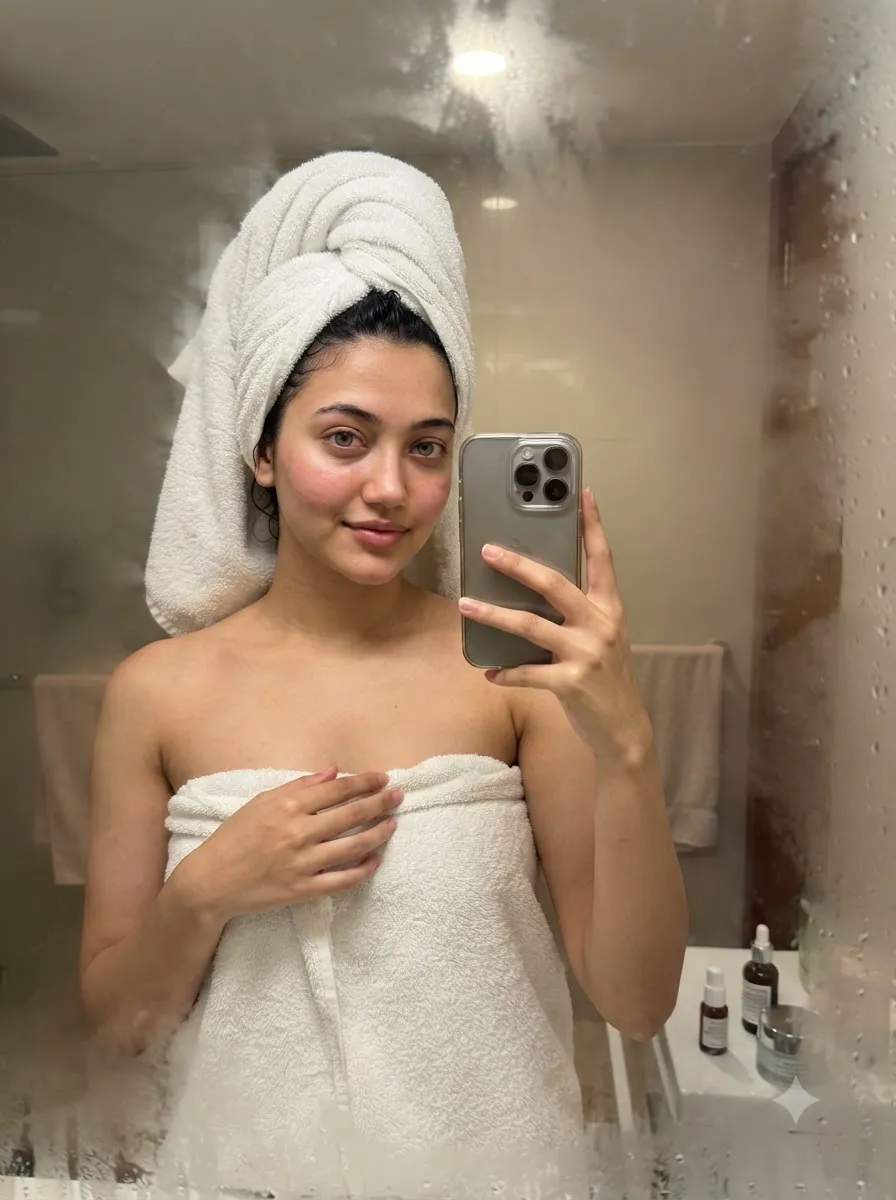 Bathroom Selfie – Fresh After Shower, Towel Wrapped Hair — Gemini prompt | pineprompts.com