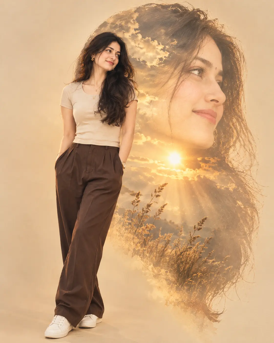 Cinematic Double-Exposure Portrait in Warm Beige Aesthetic — ChatGPT prompt | pineprompts.com