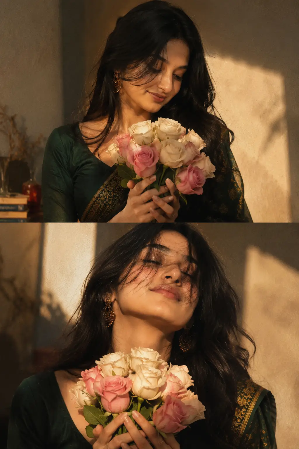 Cinematic Romantic Rose Portrait Diptych with Golden Hour Film Grain