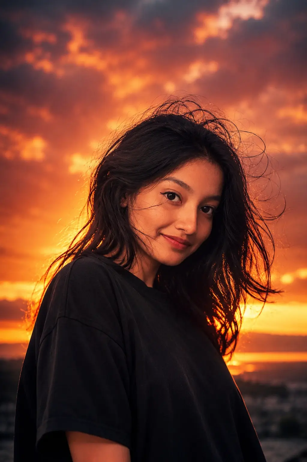 Cinematic Sunset Fashion Portrait in Oversized Black T-Shirt — ChatGPT prompt | pineprompts.com