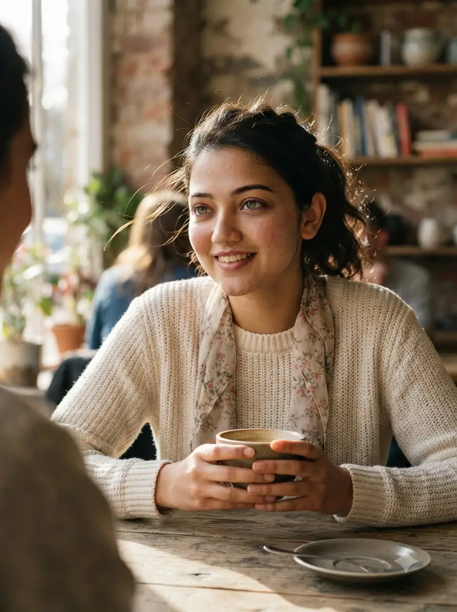 Cozy cafe conversation portrait with natural daylight. — Gemini prompt | pineprompts.com