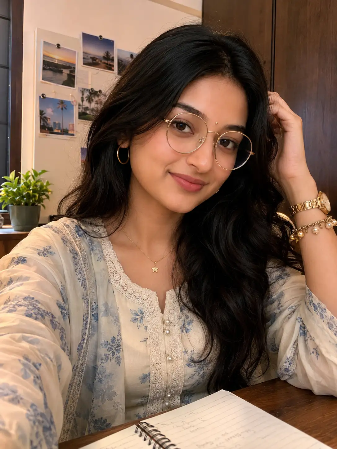 Cozy Indoor Study Selfie of a Young Indian Woman — ChatGPT prompt | pineprompts.com