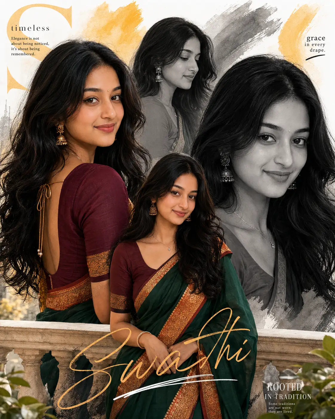 Maroon & Dark Green Saree – Cinematic Multi-Portrait Editorial Collage — ChatGPT prompt | pineprompts.com
