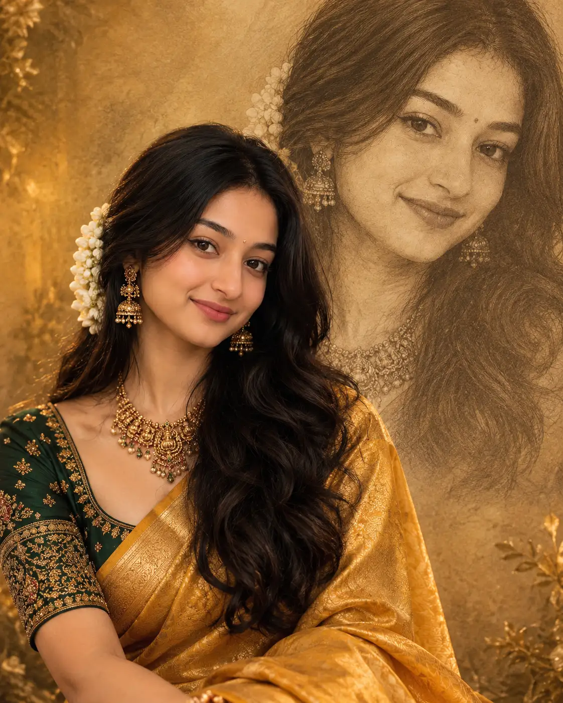 Golden Elegance – Cinematic Saree Portrait with Sepia Pencil Sketch — ChatGPT prompt | pineprompts.com