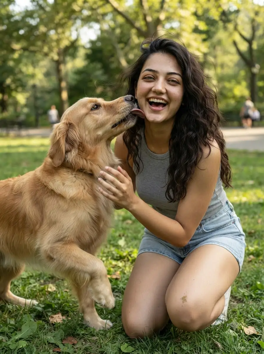 Dog Selfie in Park – Laughing While Dog Licks Face — Gemini prompt | pineprompts.com