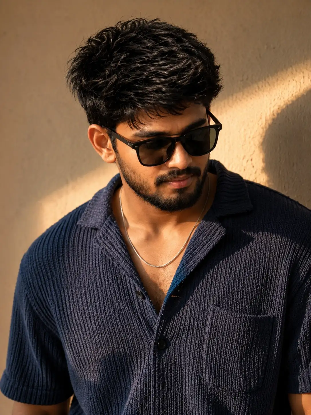 Dreamlike Cinematic Portrait of a Stylish Young Man in Blue Knitwear — ChatGPT prompt | pineprompts.com