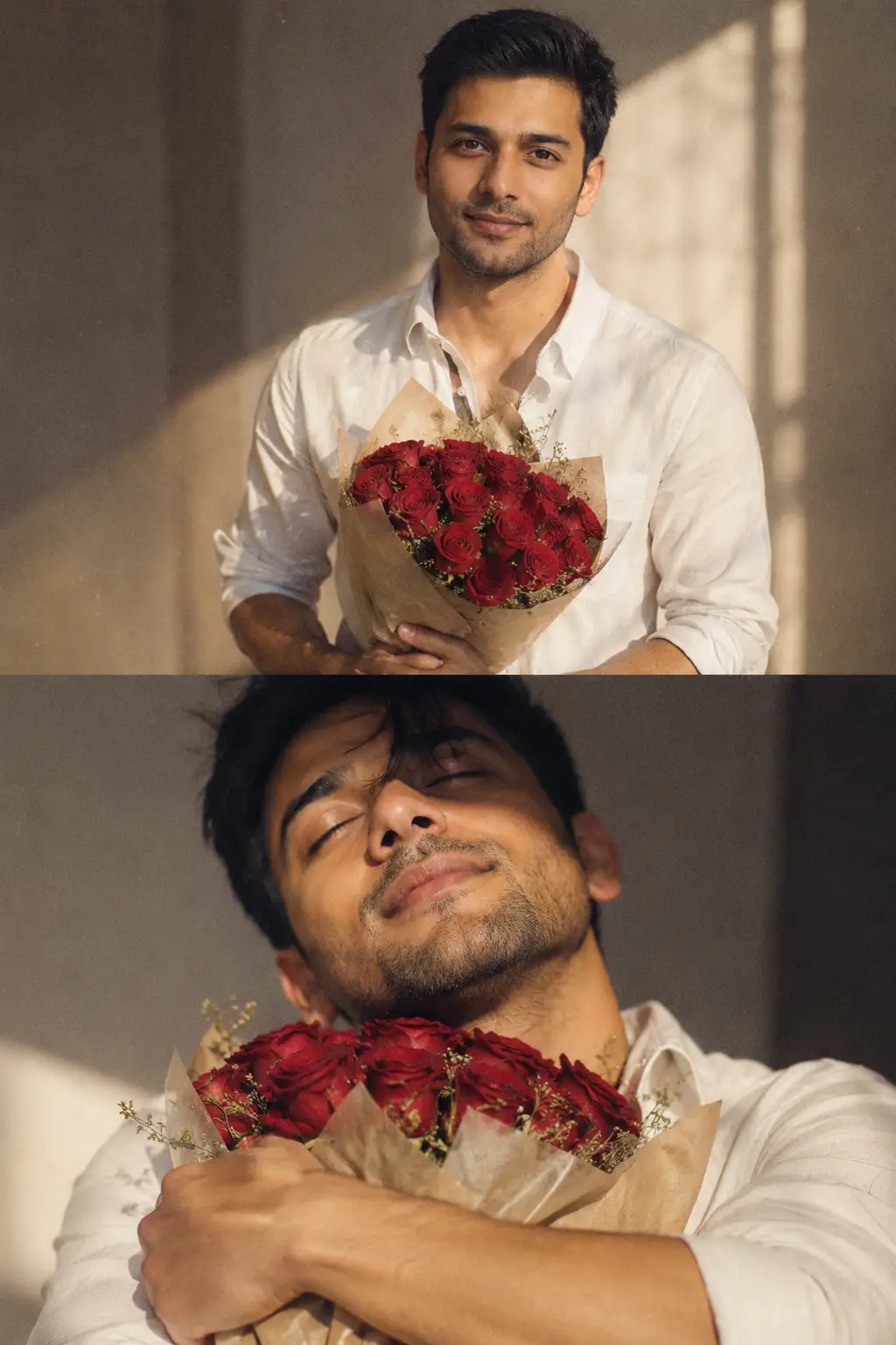 Cinematic Romantic Rose Portrait – Young Man with Bouquet — ChatGPT prompt | pineprompts.com