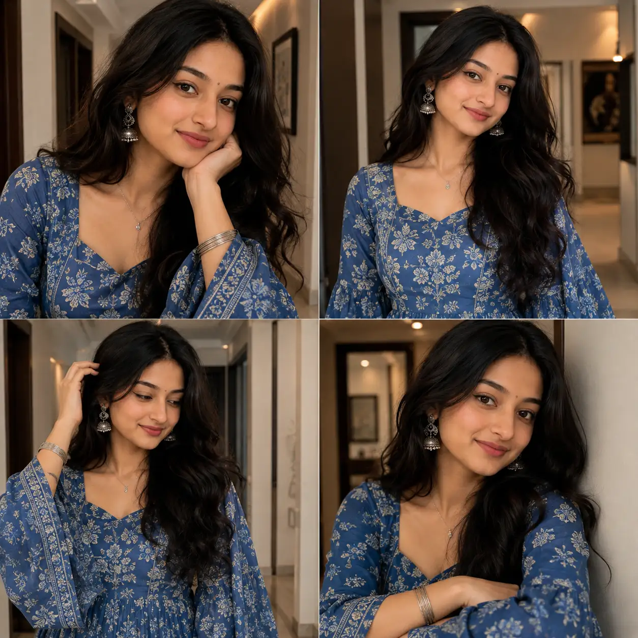 Ultra-Realistic Four-Panel Portrait of a South Asian Woman in Blue Floral Tradit — ChatGPT prompt | pineprompts.com