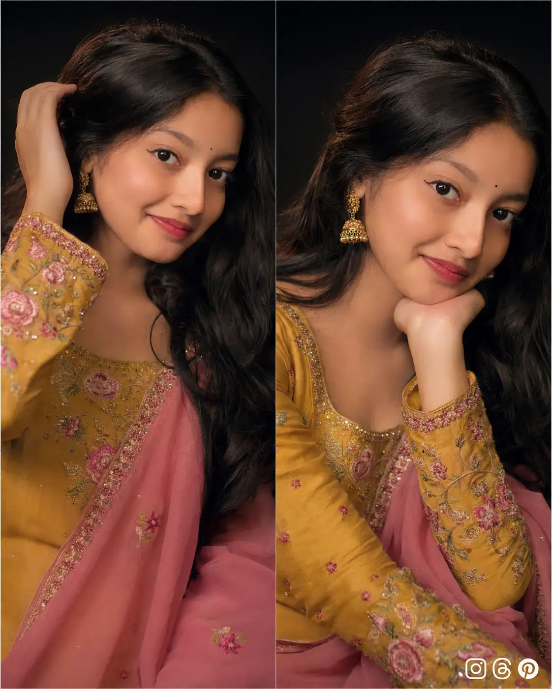 Elegant Ethnic Studio Portrait Diptych in Mustard Embroidered Suit — ChatGPT prompt | pineprompts.com