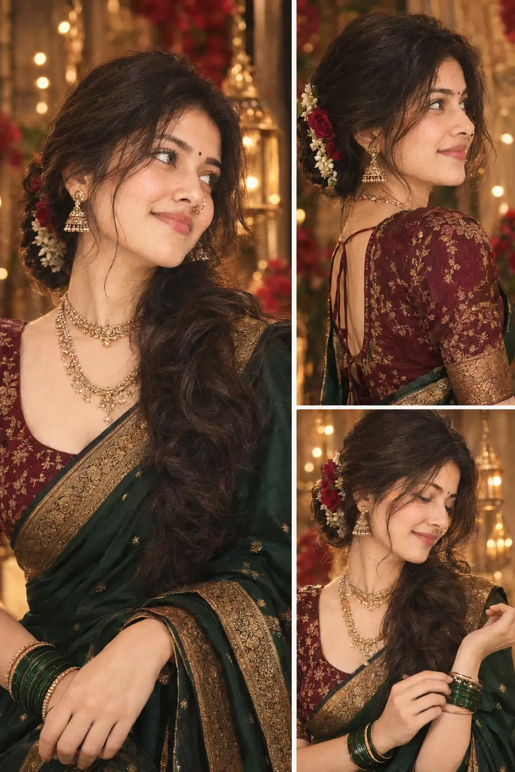Elegant Green Saree & Maroon Blouse – Cinematic Festive Portrait Collage — ChatGPT prompt | pineprompts.com