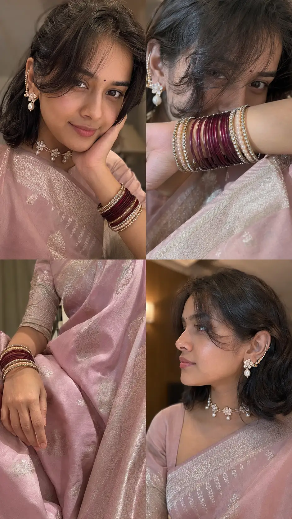 Elegant Pastel Pink Banarasi Saree Portrait Collage — ChatGPT prompt | pineprompts.com