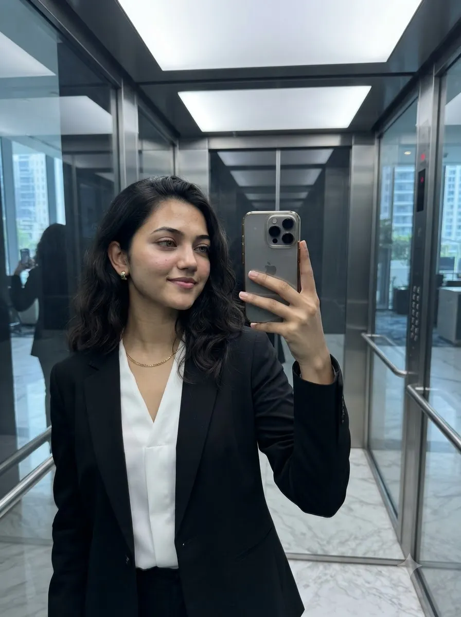 Elevator Selfie – Glass Reflection, Modern Building Lobby — Gemini prompt | pineprompts.com