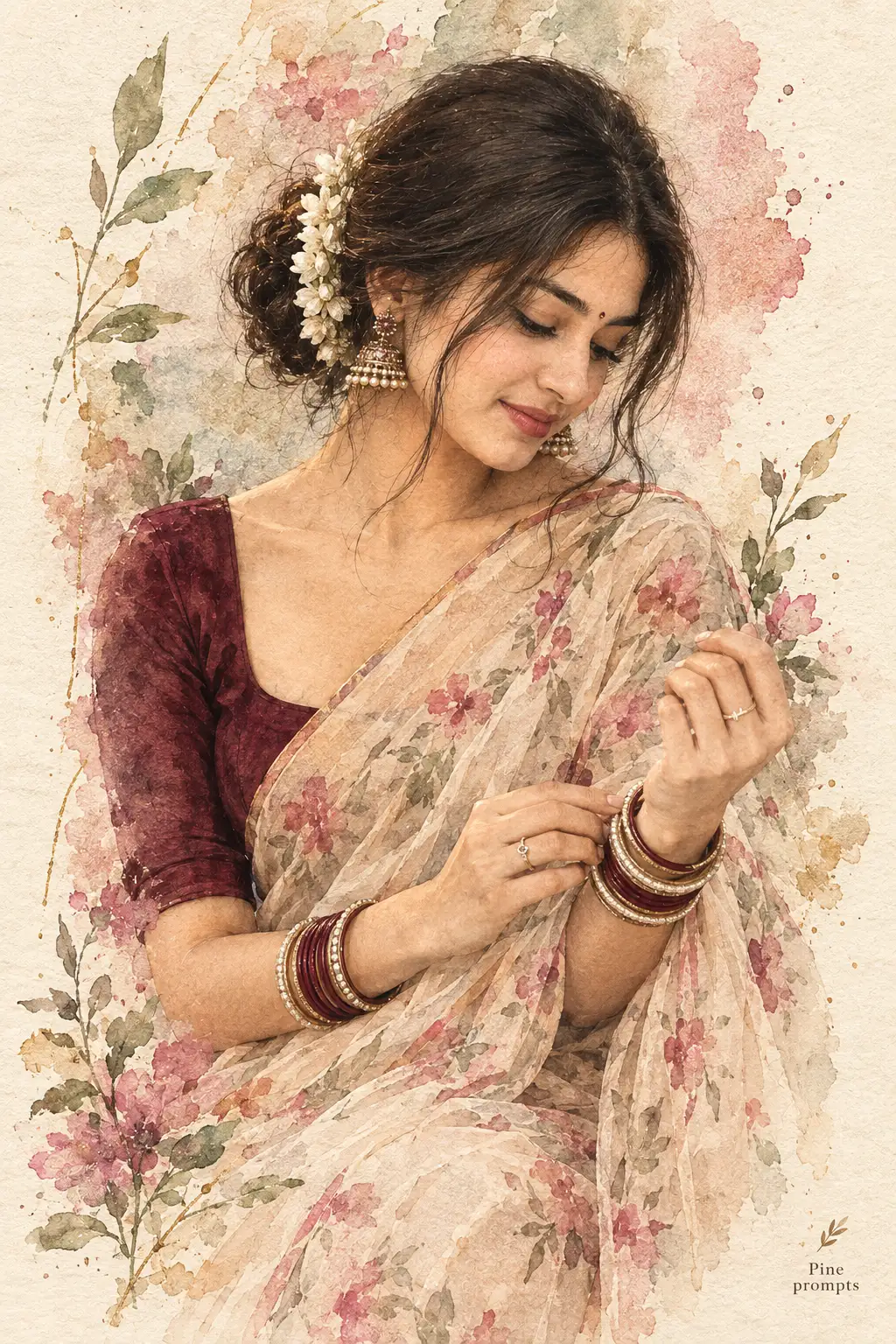 Ivory & Blush Watercolor Elegance — Floral Saree Portrait — ChatGPT prompt | pineprompts.com