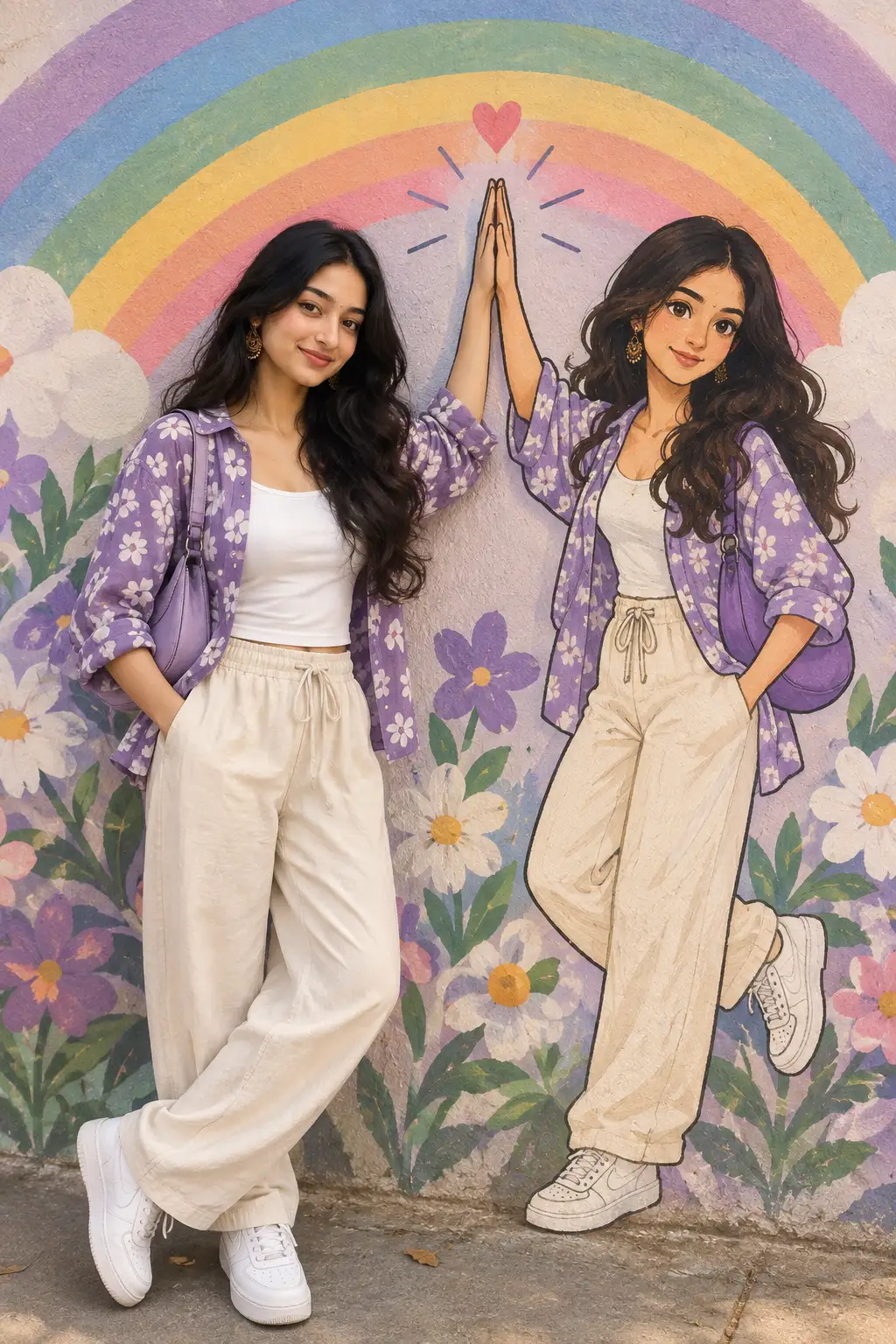 Photorealistic Kawaii Rainbow Mural High-Five Portrait — ChatGPT prompt | pineprompts.com
