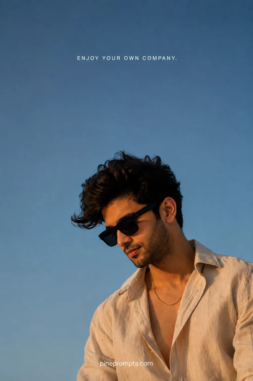 Luxury Blue Hour Editorial Portrait with Minimalist Sky — ChatGPT prompt | pineprompts.com