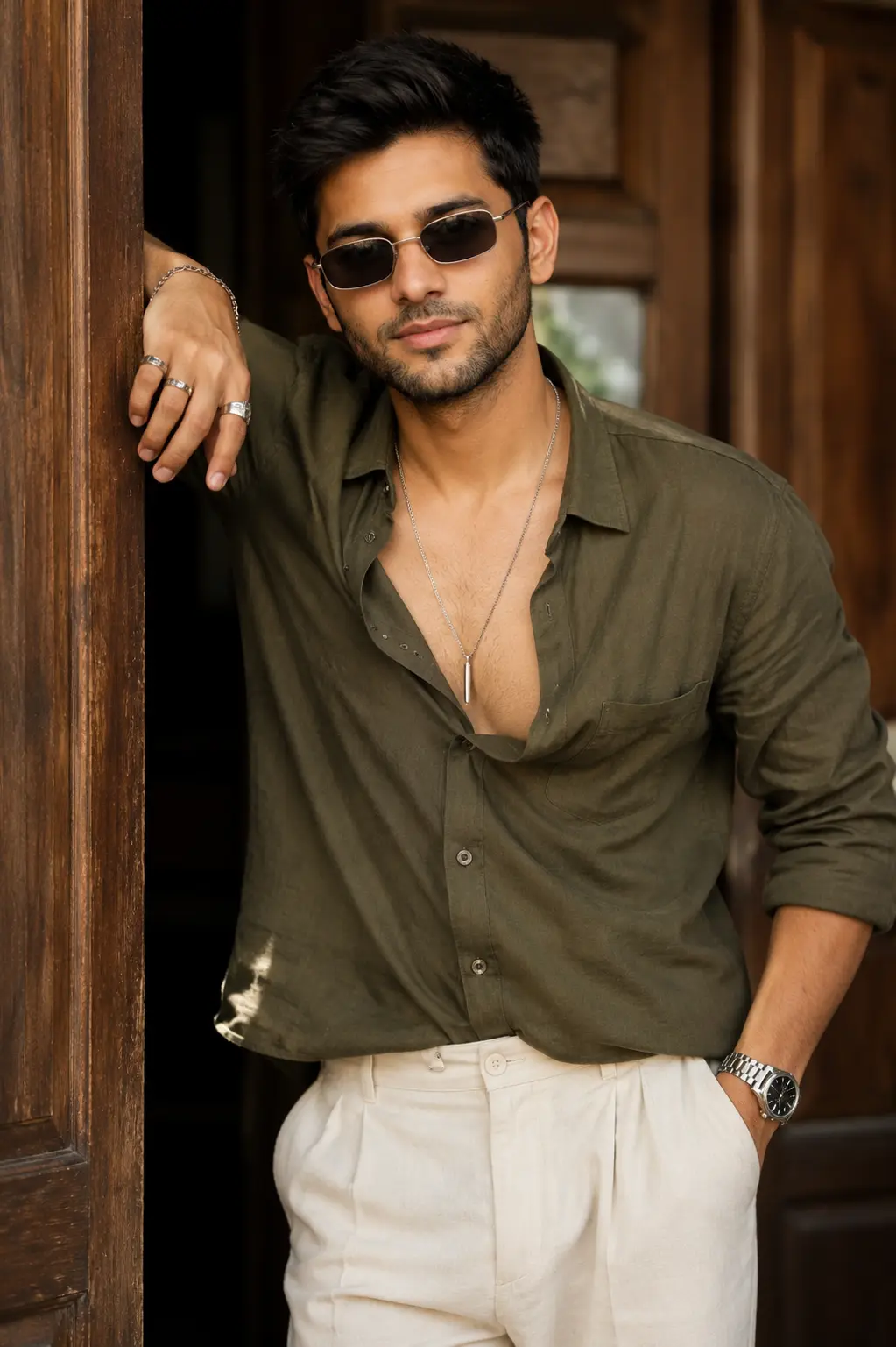 Luxury Doorway Editorial Portrait with Olive Linen Shirt