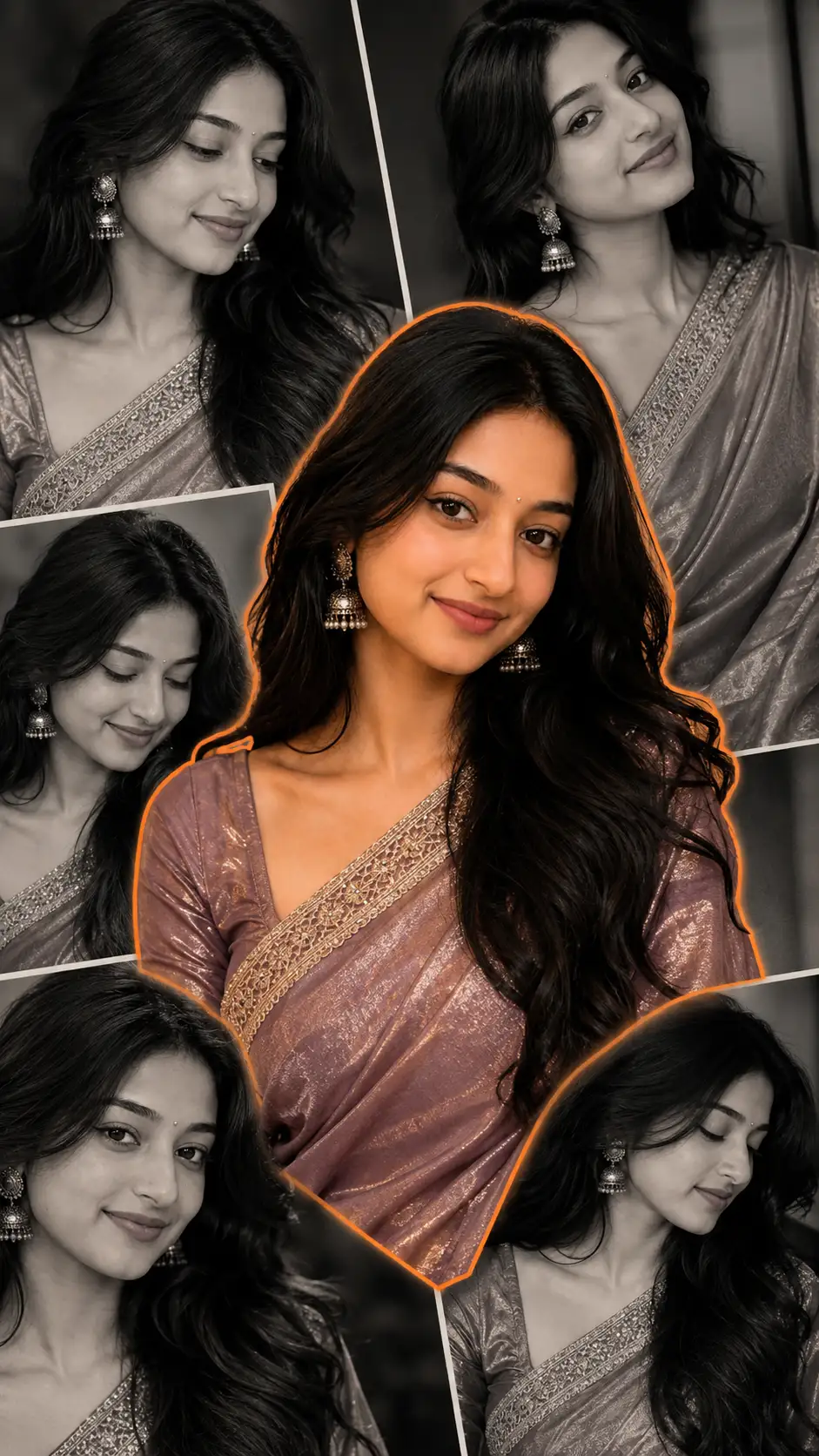 Mauve Tissue Silk Saree – Monochrome Editorial Photo Collage — ChatGPT prompt | pineprompts.com