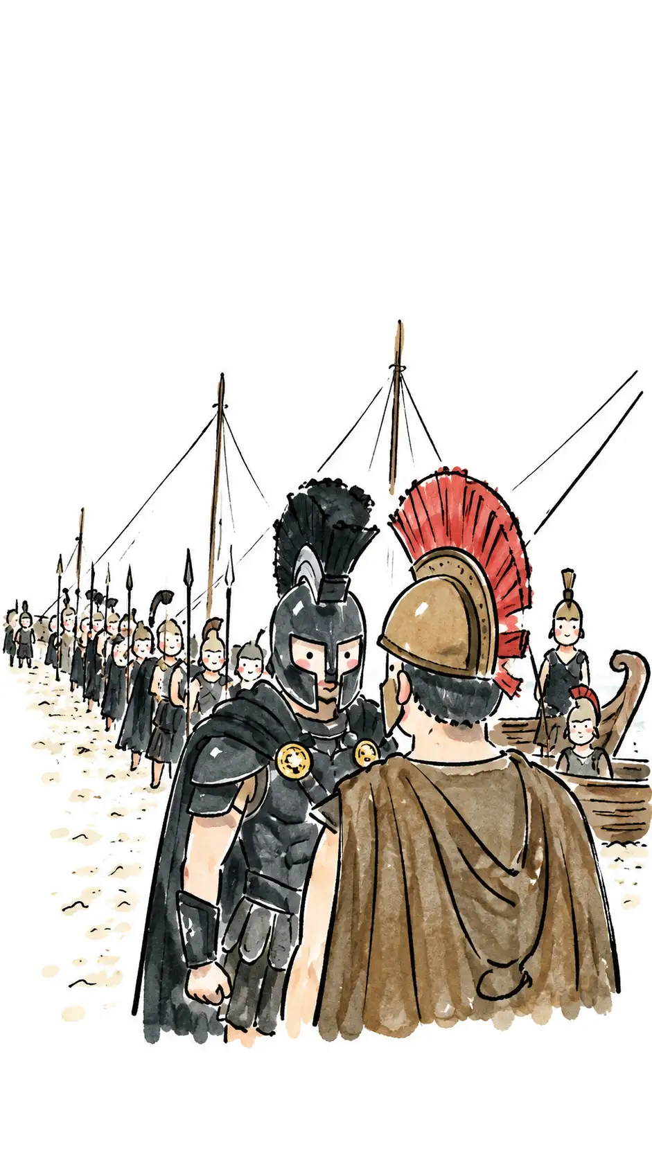 Minimalist Hand-Drawn Watercolor Doodle of Ancient Warriors