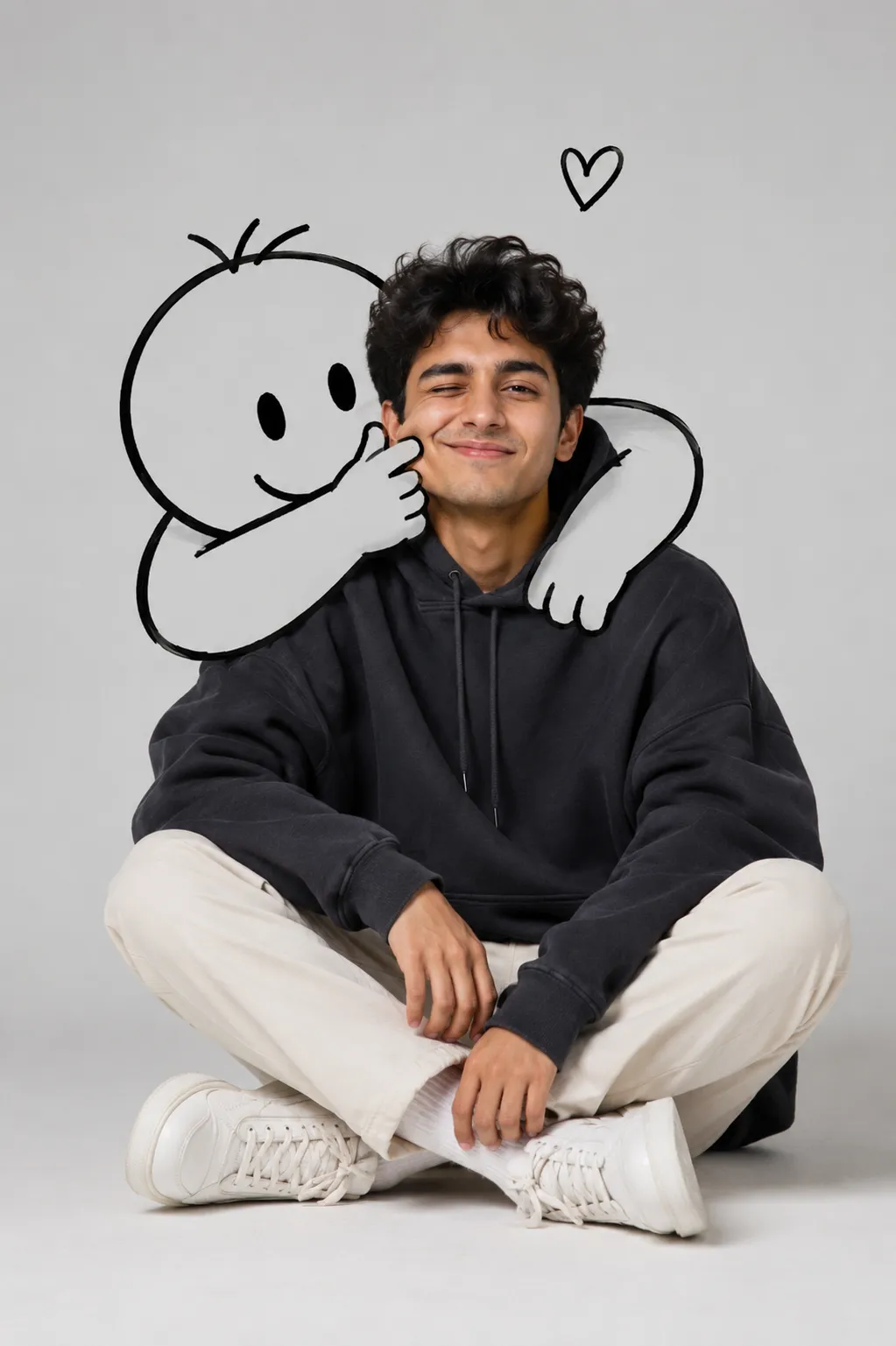 Minimalist Studio Portrait with Cute Doodle Hug and Playful Wink — ChatGPT prompt | pineprompts.com