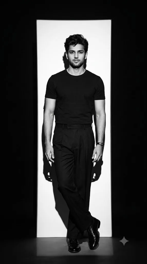 Monochrome Shadow — Timeless Fashion Portrait — Gemini prompt | pineprompts.com