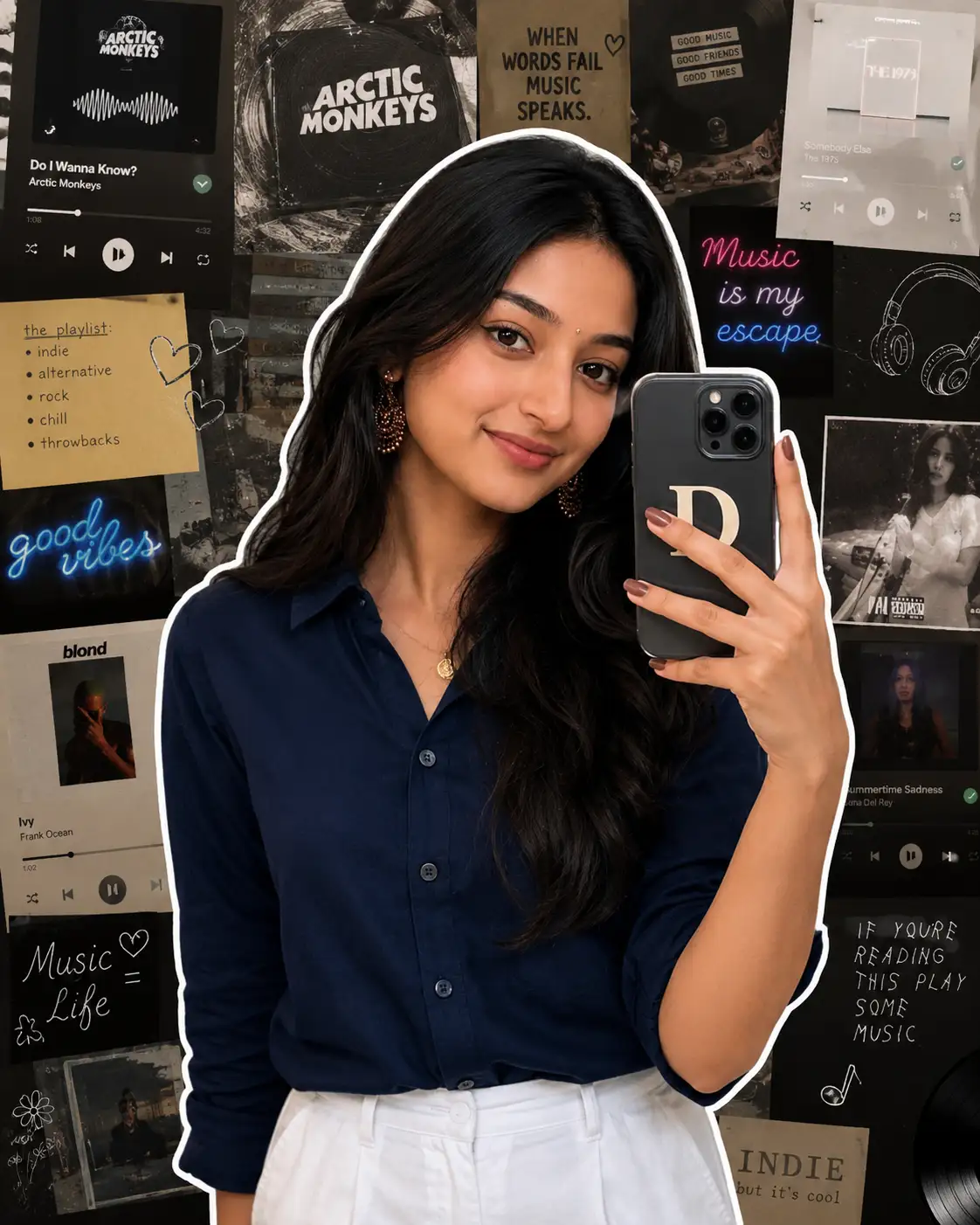 Music Lover Mirror Selfie with Aesthetic Album Collage Background — ChatGPT prompt | pineprompts.com
