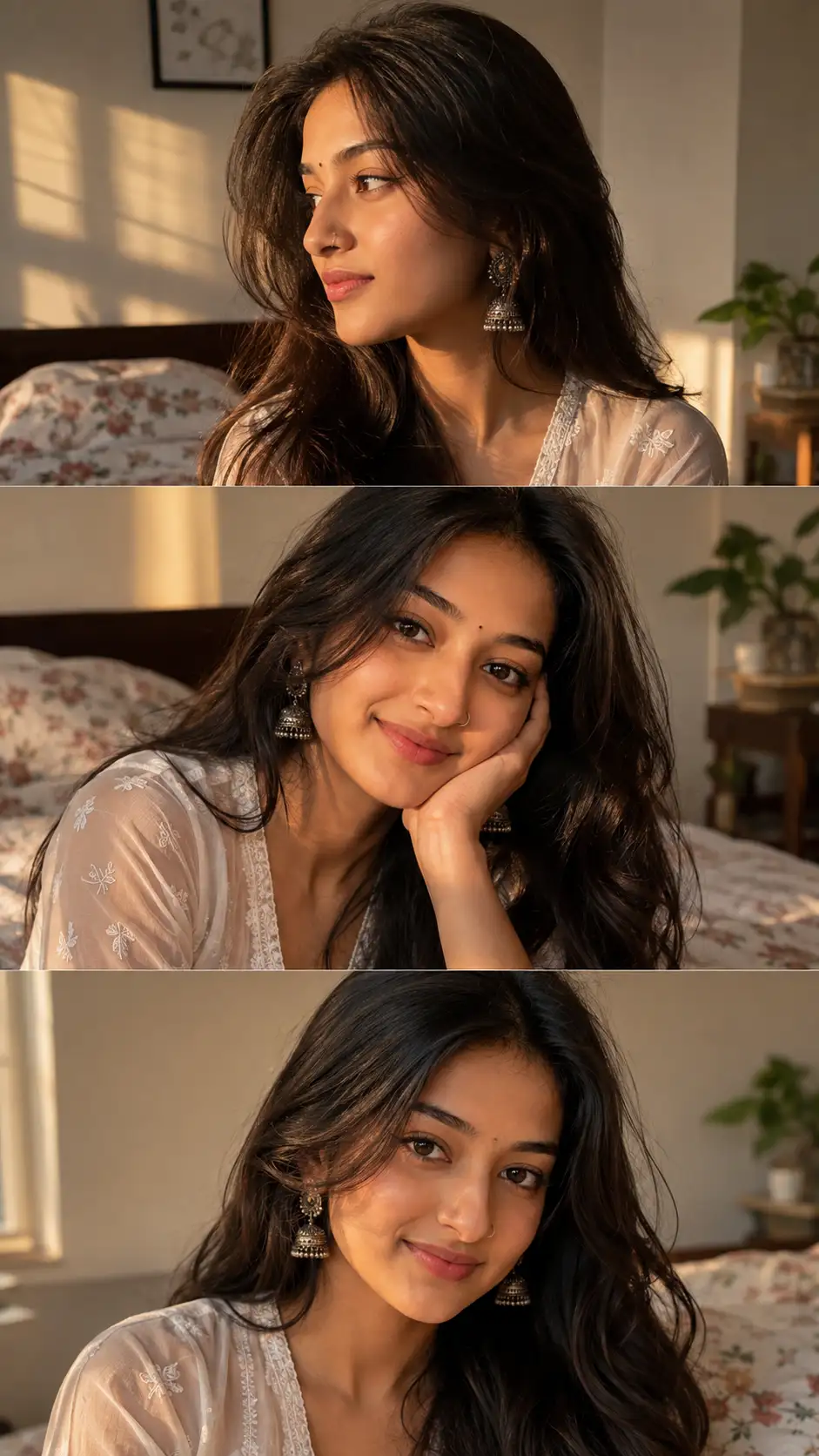 Portrait Triptych Ultra-Realistic Indian Woman Editorial