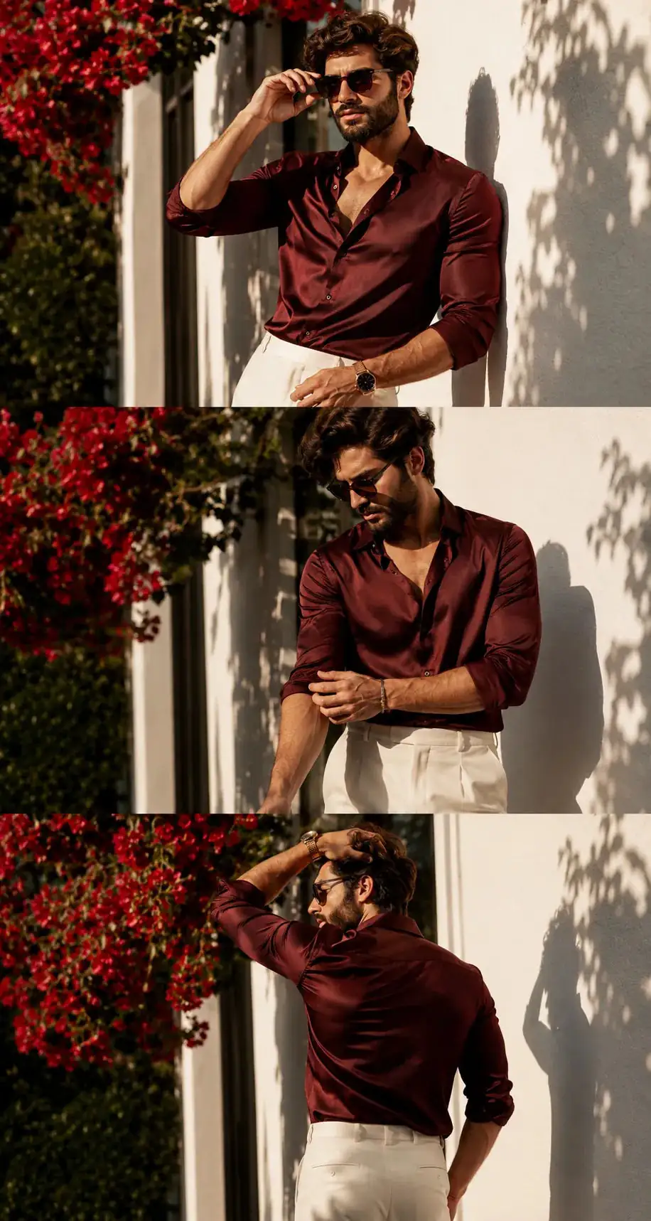 Luxury Fashion Editorial Photoshoot with Burgundy Satin Shirt — ChatGPT prompt | pineprompts.com