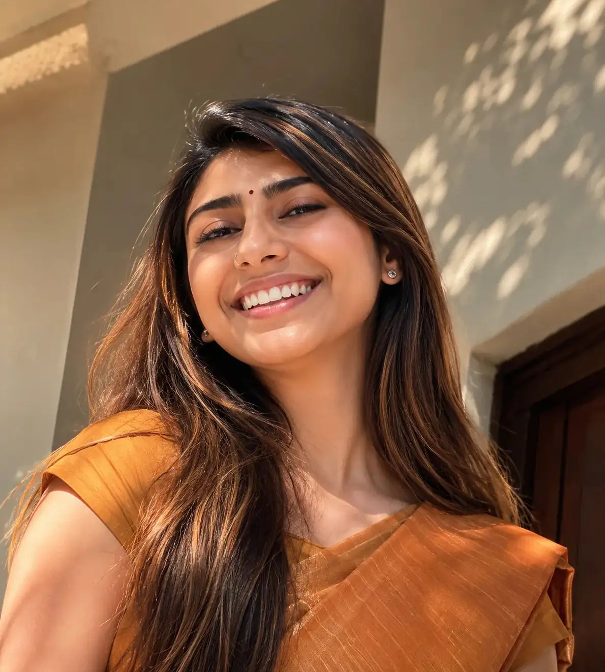Sunlit Low Angle Portrait of a Smiling Woman in Traditional Saree — ChatGPT prompt | pineprompts.com