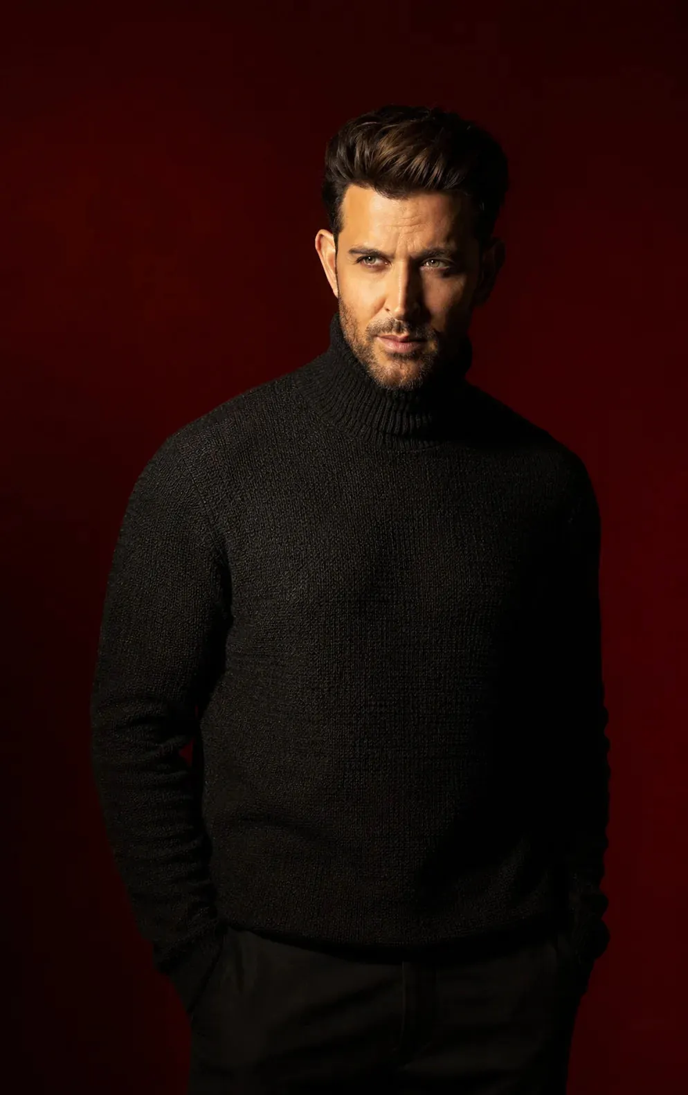 Cinematic Side-Lit Portrait in Black Textured Turtleneck