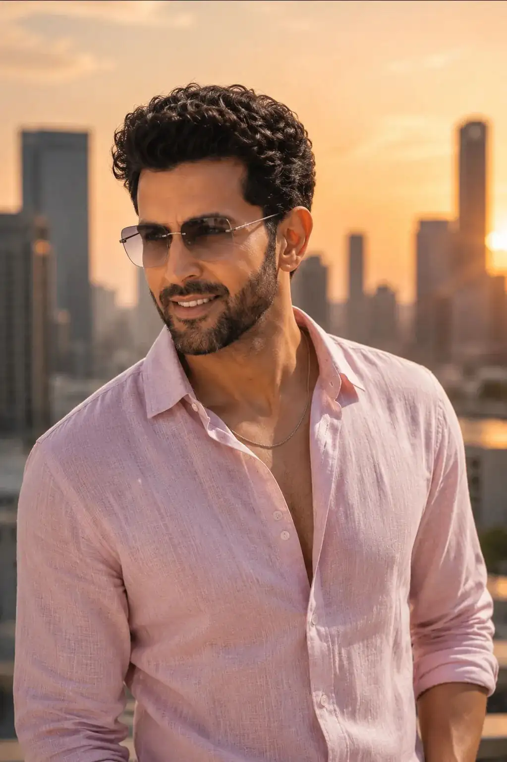 Rooftop Portrait in a Pastel Pink Linen Shirt
