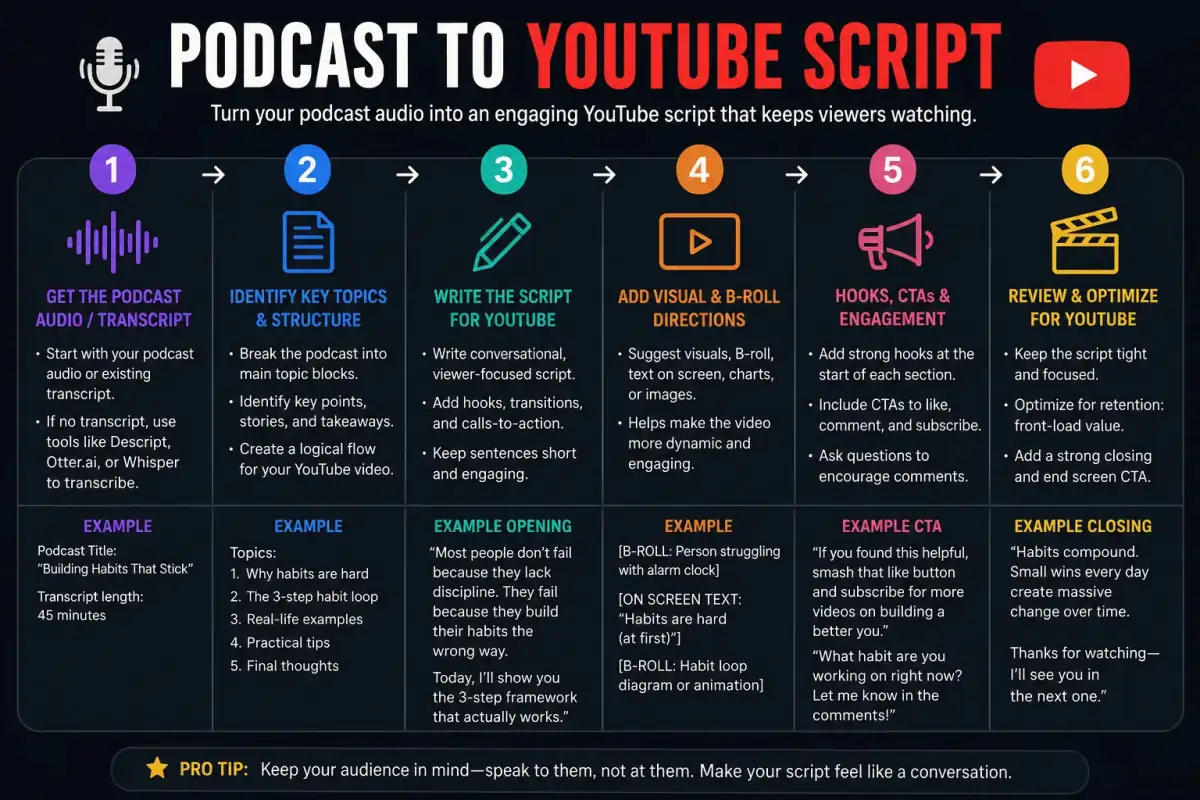 Podcast To YouTube Script — ChatGPT prompt | pineprompts.com