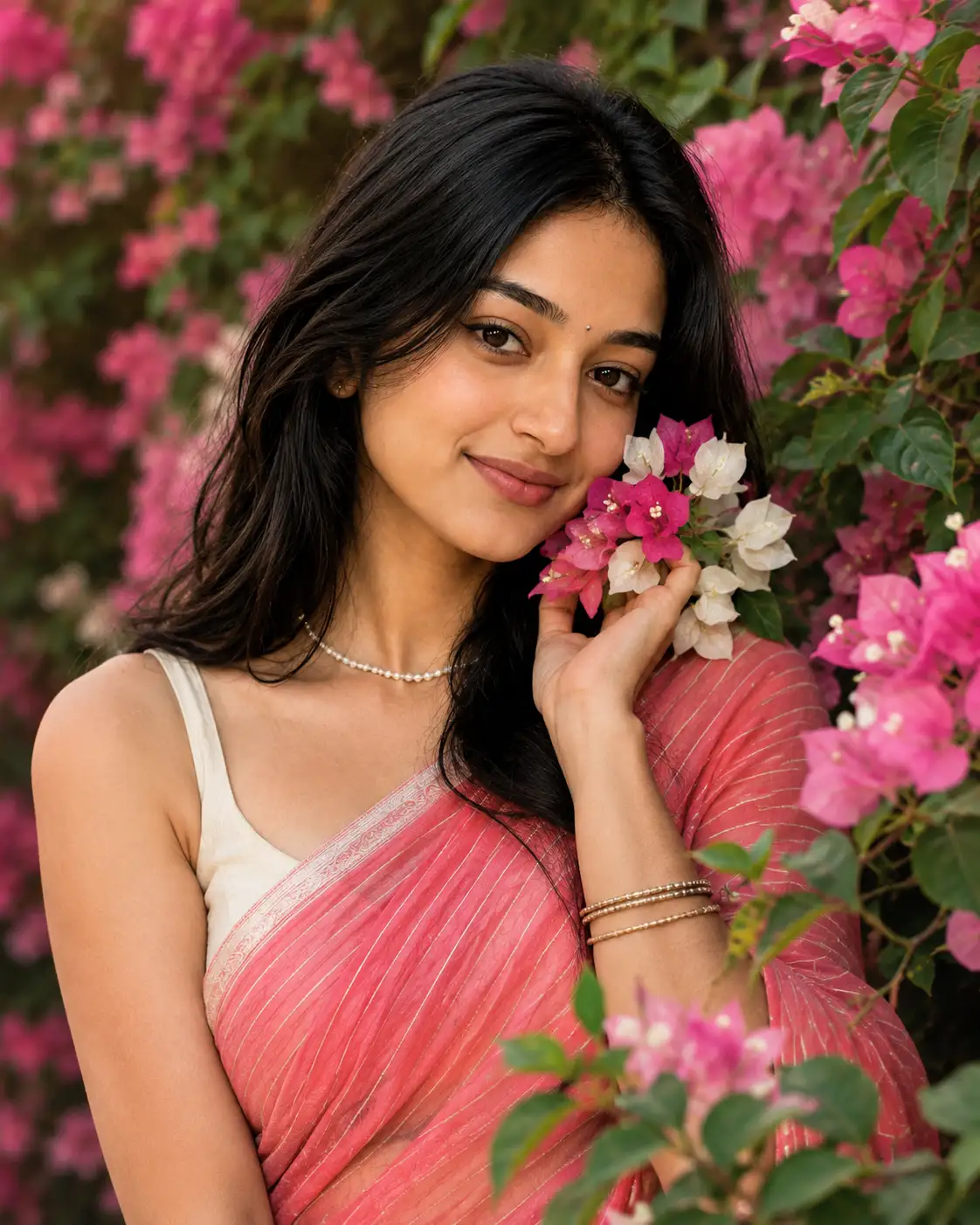 Romantic Bougainvillea Garden Saree Portrait — ChatGPT prompt | pineprompts.com