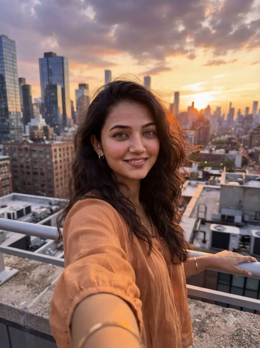 Rooftop Selfie – City Skyline Behind, Sunset Glow — Gemini prompt | pineprompts.com