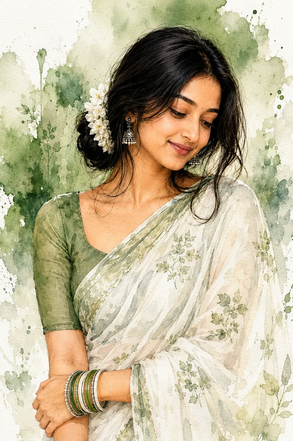Sage Green Serenity – Watercolor Indian Portrait — ChatGPT prompt | pineprompts.com