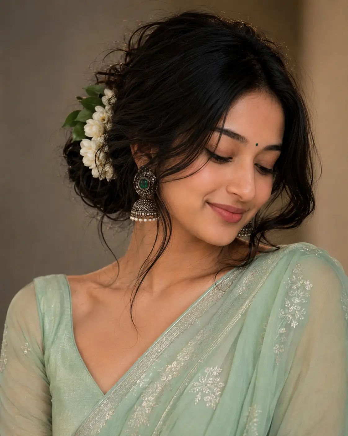 Shy Jasmine Beauty in Mint Green Saree Portrait — ChatGPT prompt | pineprompts.com