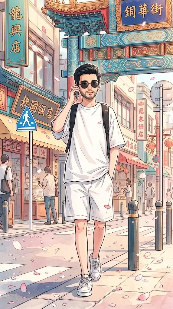 Stylish Anime Boy Walking Through a Vibrant Chinatown Street