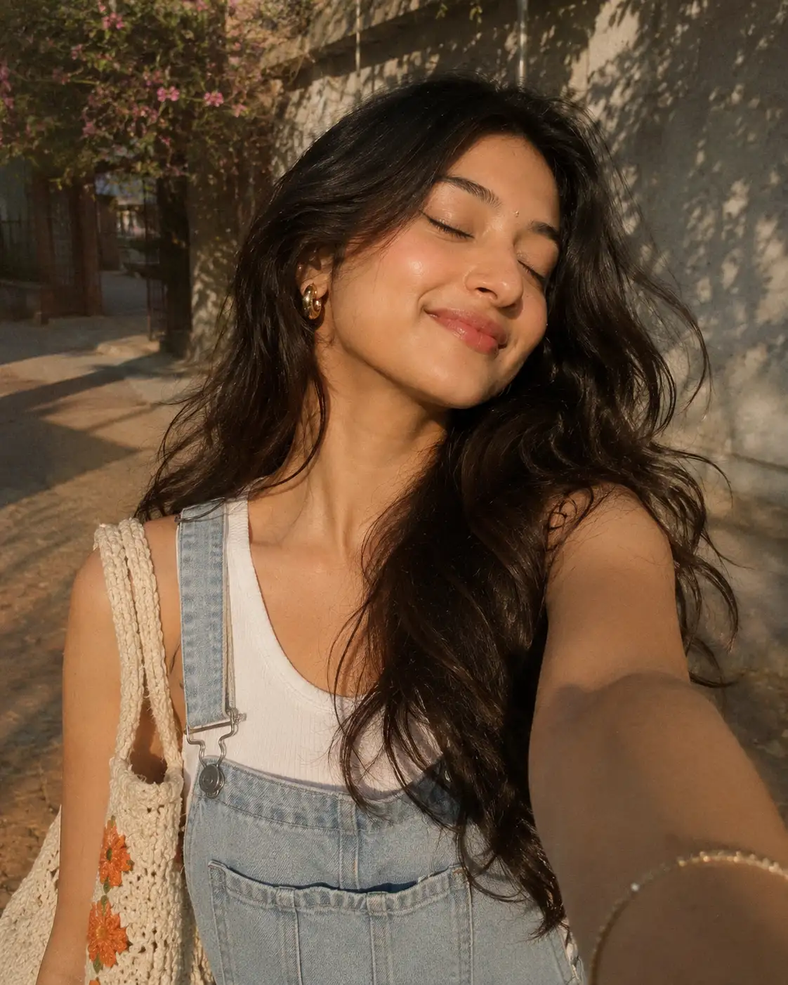 Sunlit Joyful Selfie – Cinematic Young Woman in Denim Overalls