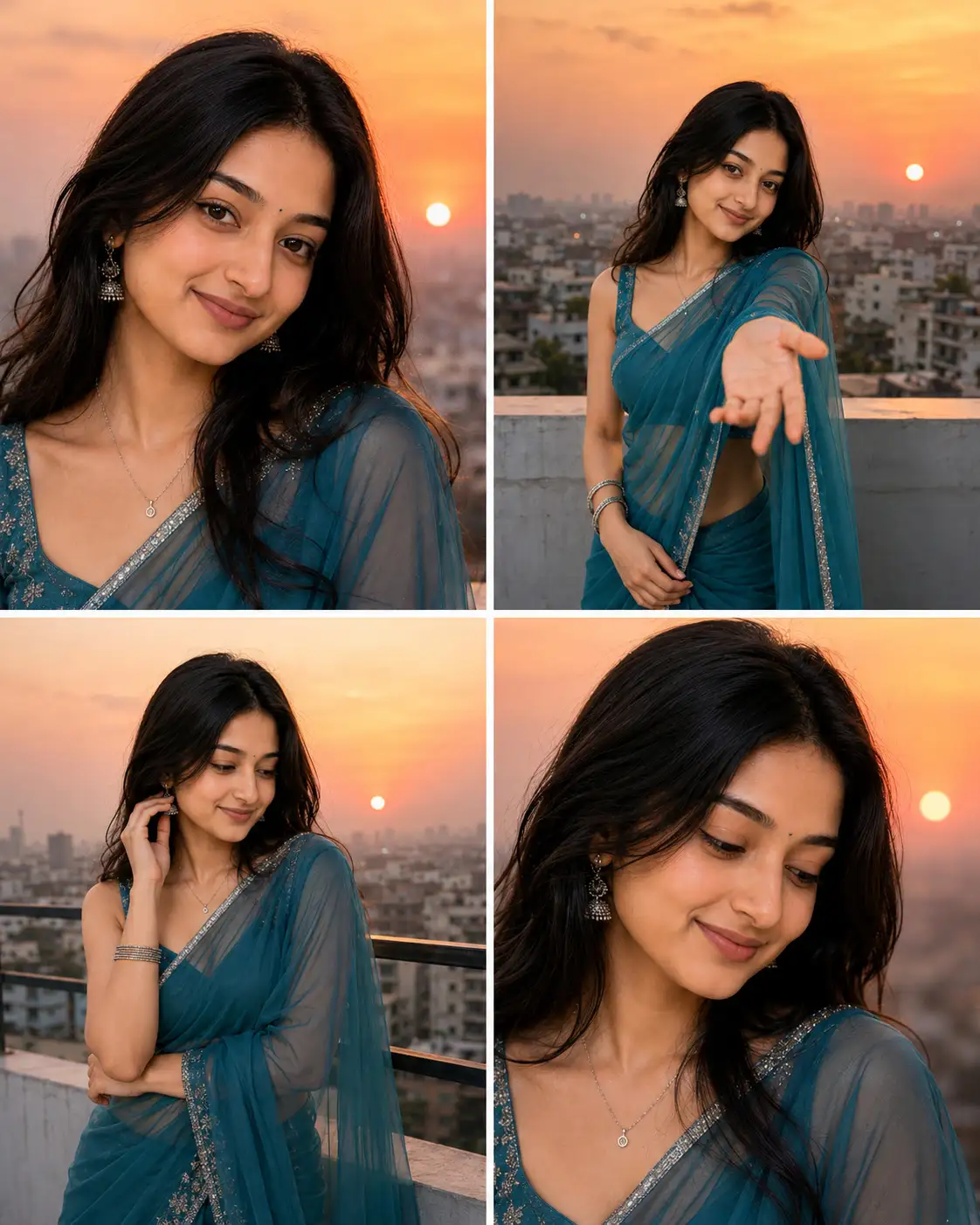 Teal Saree Sunset Rooftop – Cinematic 2×2 Portrait Collage — ChatGPT prompt | pineprompts.com