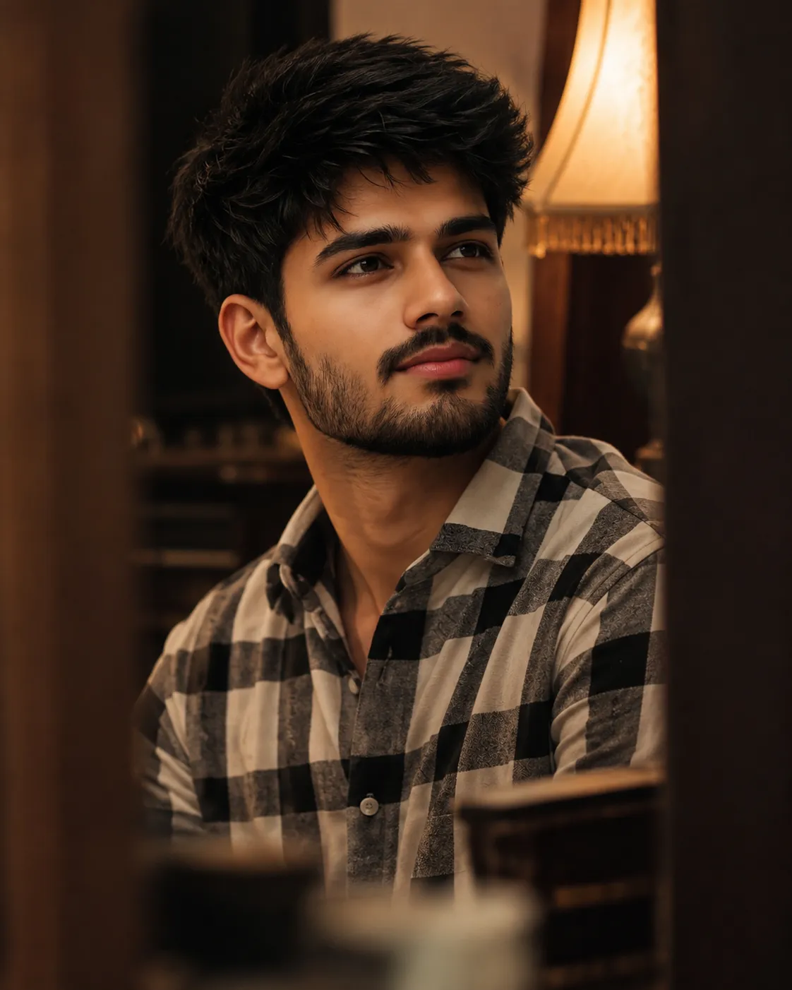 Warm Cinematic Indoor Portrait with Cozy Tungsten Lighting