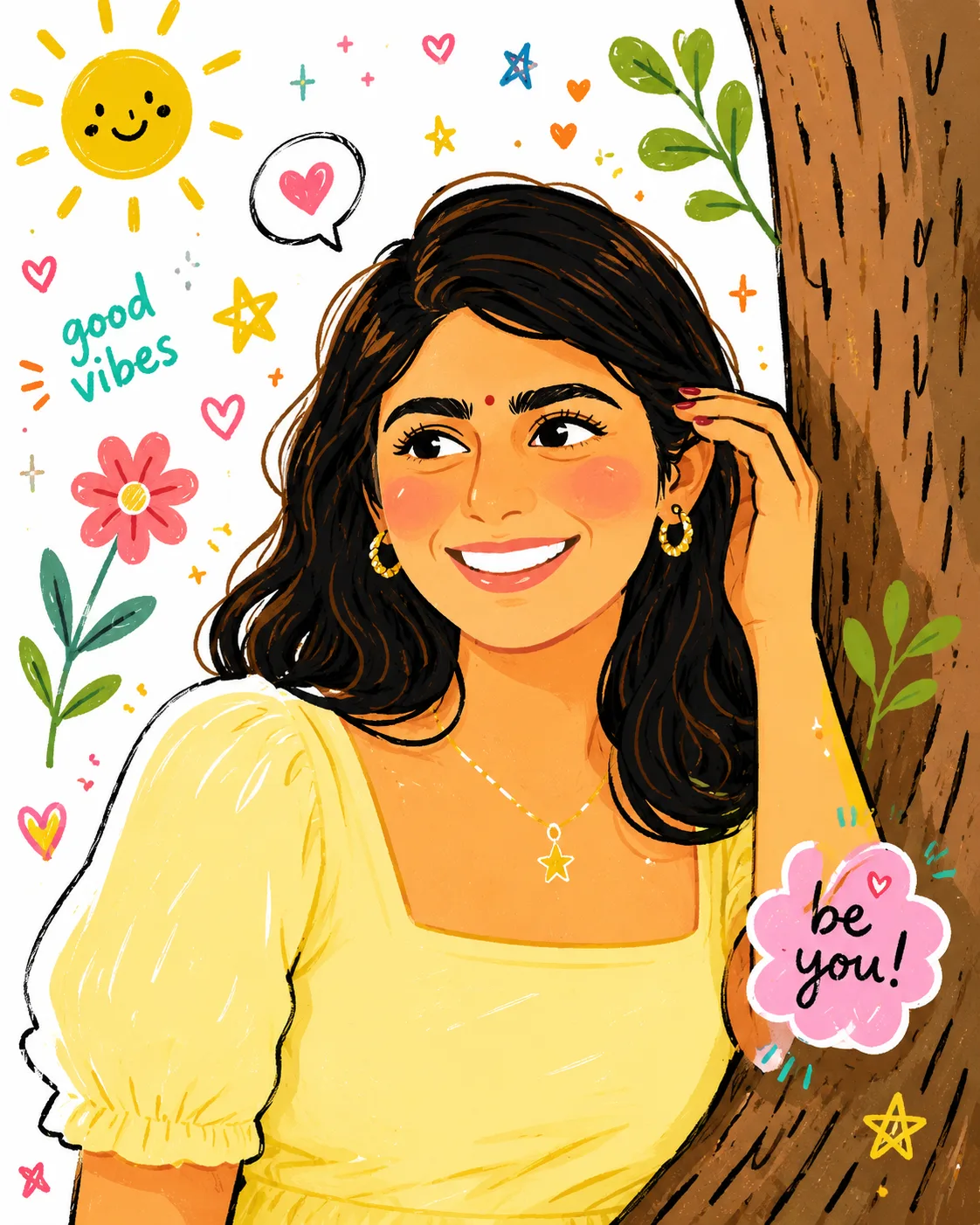 Whimsical Doodle Portrait by the Tree — ChatGPT prompt | pineprompts.com